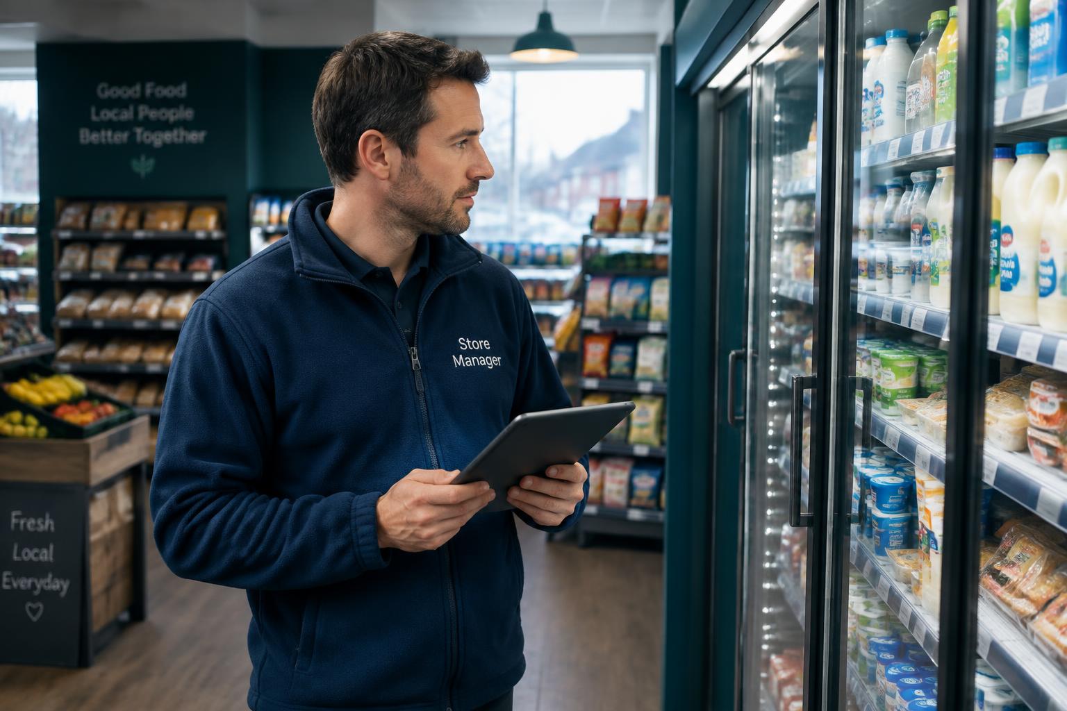 A store manager checking chiller temperatures on a tablet